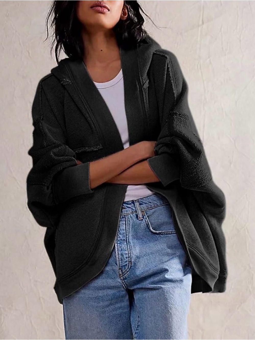 Cozy Oversized Open-Front Hooded Cardigan Sweater - Black